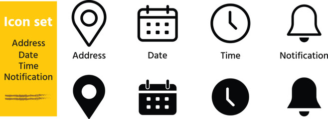 address icon set template, Date, time, location, Vector illustration of lines in dark color