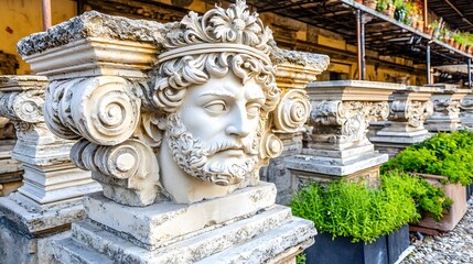 Fototapeta premium Intricate Stone Sculpture of a Bearded Face with Ornate Details Surrounded by Lush Greenery