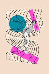 Template collage design trend artwork sketch of copyspace abstract line fragment design young lady happy smile model posing walk platform