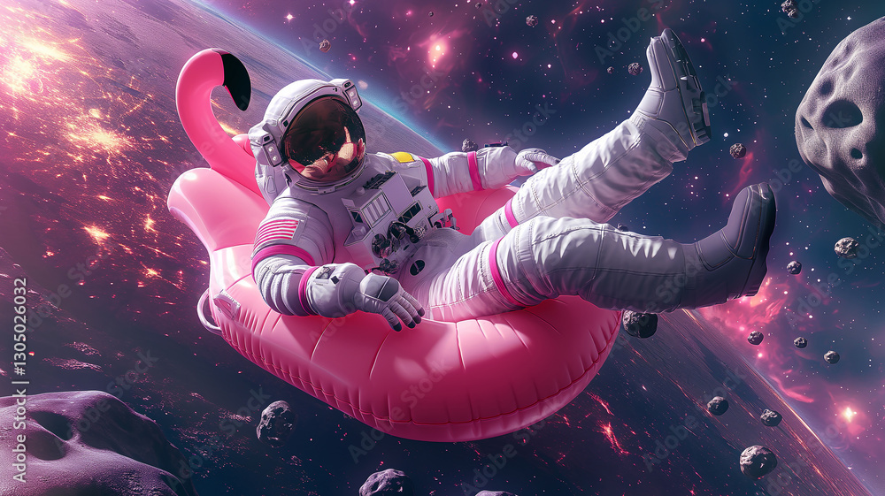 Aufkleber this astronaut floats on a pink flamingo in space, surrounded by asteroids.