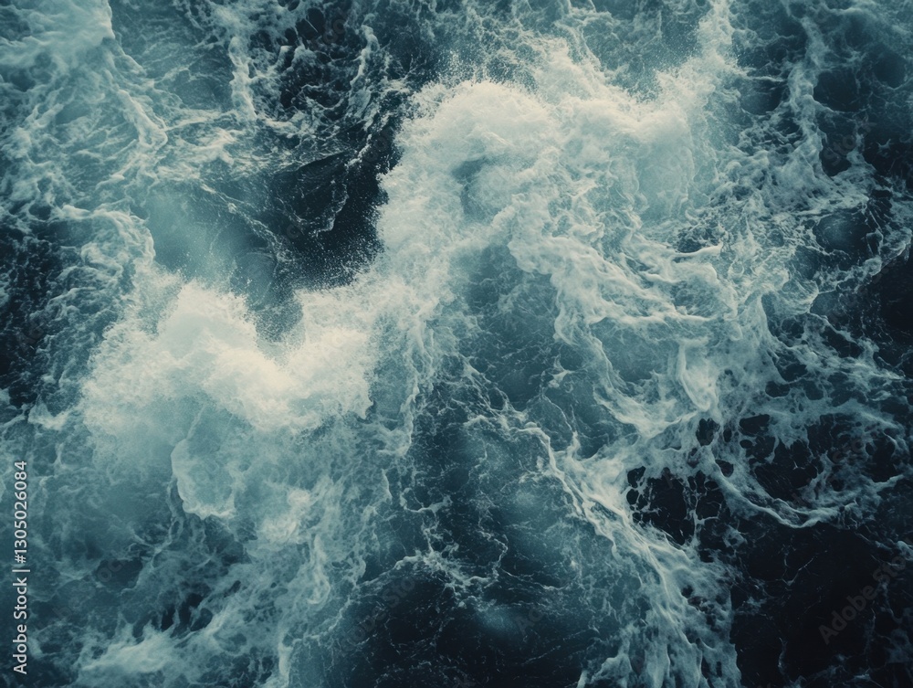 Poster aerial view of turbulent ocean water with foamy waves creating dynamic patterns and textures in a de