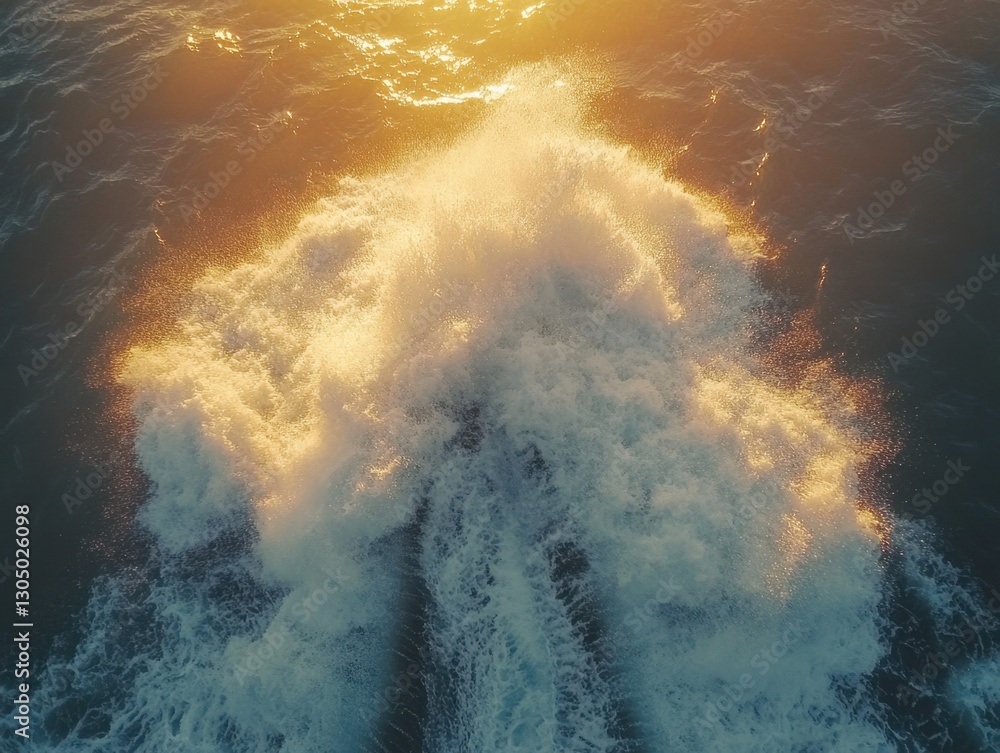 Poster aerial view of ocean waves crashing with golden sunlight creating a dynamic and energetic seascape b