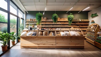Bulk food shelves promote waste sorting and environmental awareness while shopping.
