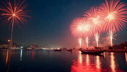 Korean fireworks and traditional Korean boats border frame with festive copy space for Independence Day concept as Vibrant Korean fireworks and elegant traditional boats framing festive space for Inde