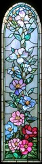 Colored glass windows with white borders and delicate floral patterns in light blue, purple, and pink at the bottom. The slender rectangular frame is suitable for architecture and interior decoration.