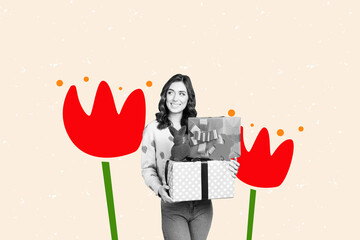 Composite photo collage of young excited girl hold present boxes bunny figurine easter preparation...