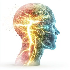 Fototapeta premium Embracing diversity innovation. A vibrant, abstract representation of a human head with swirling colors and energy, symbolizing thought, consciousness, and creativity.