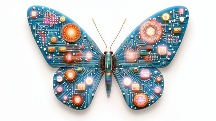Embracing diversity innovation. A vibrant butterfly artwork combines nature and technology, featuring a circuit board design with colorful patterns and glowing elements.