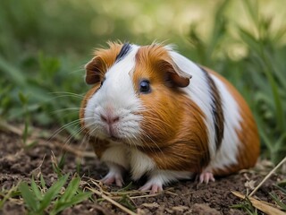 Adorable Male Guinea Pig in Nature: Cute Small Animal with Brown and White Fur in Outdoor Portrait