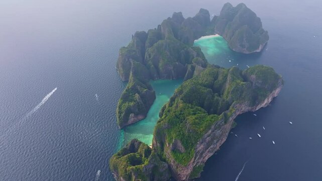Stunning aerial of Phi Phi Lee island with famous Maya and Phi Leh. Aerial drone video