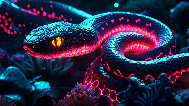 Glowing neon tropical snake slithering through a vibrant coral reef in the dark