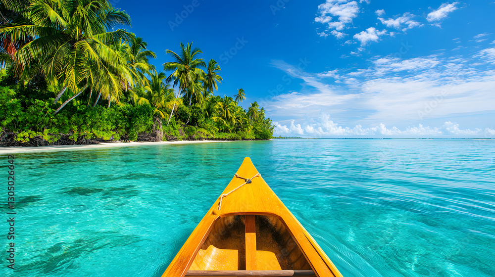 Poster A serene view from a kayak navigating crystal-clear waters surrounded by lush greenery and a bright blue sky