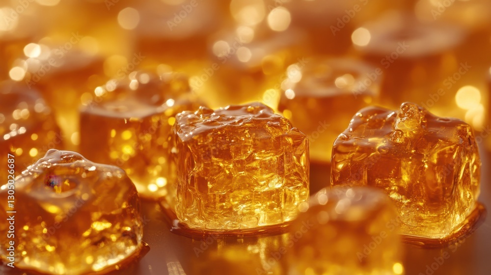 Poster golden honey cubes glistening under soft light creating a sweet and inviting visual experience for f