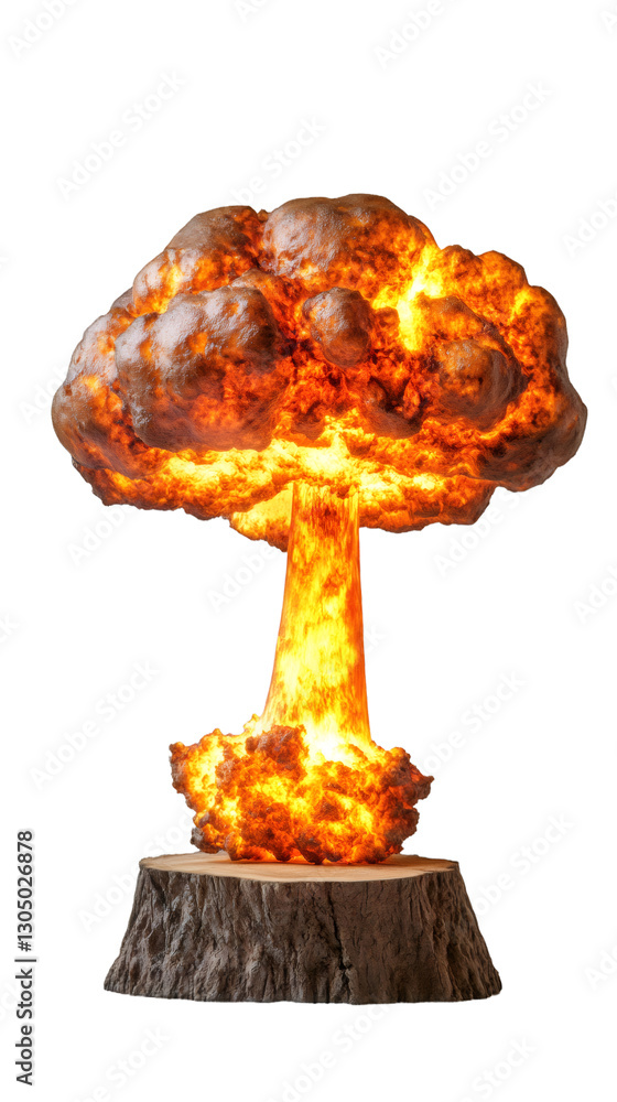 Poster nuclear mushroom cloud erupting from severed tree trunk, generating apocalyptic landscape against tr