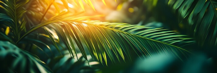 Green leaves on a blurred background with sunlight, nature and environment concept and Copy Space .Banner 