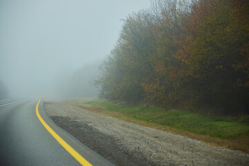 The road is in the fog. Atmospheric phenomenon