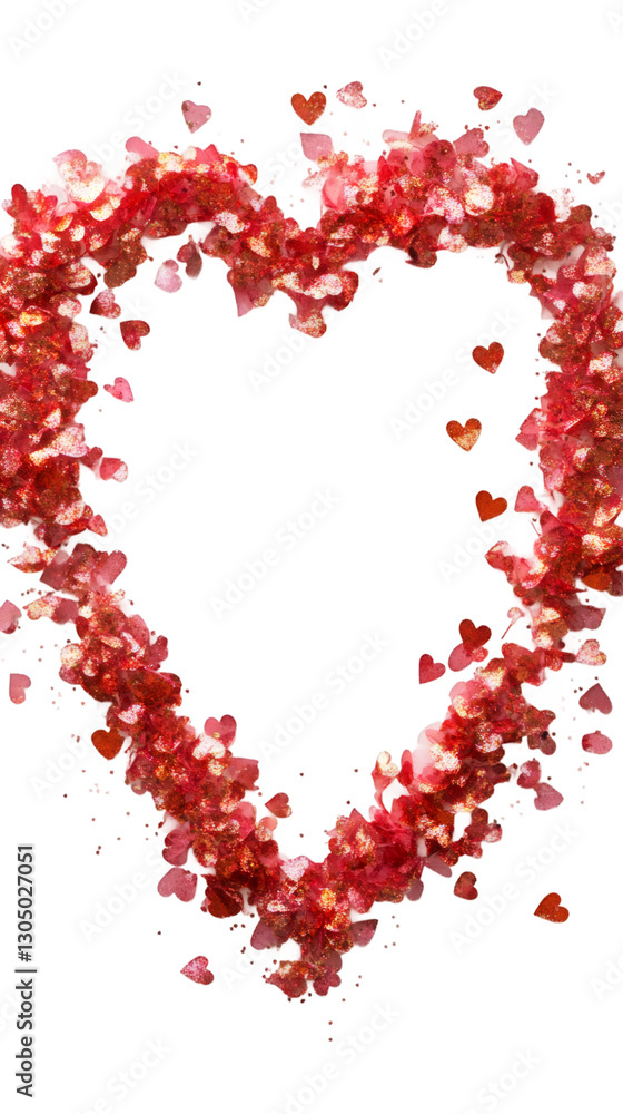 Poster red glitter heart with small hearts floating around it, forming a frame on a transparent background,