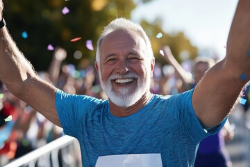 An older man triumphantly crossing a finish line with a big smile at a local running event, celebrating the achievement with confetti falling around him.