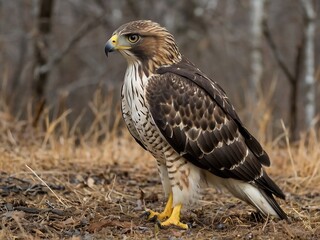 Obraz premium Majestic Eagle: A Fierce Wildlife Predator in North America's Grasslands - Close-Up on Stunning Brown Feathers and Yellow Beak