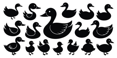 Set of black silhouette duck