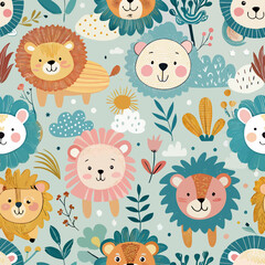 Whimsical Lion Pattern: A cheerful and playful seamless pattern featuring adorable lion faces. The lions are surrounded by colorful floral elements, clouds, and other decorative details.