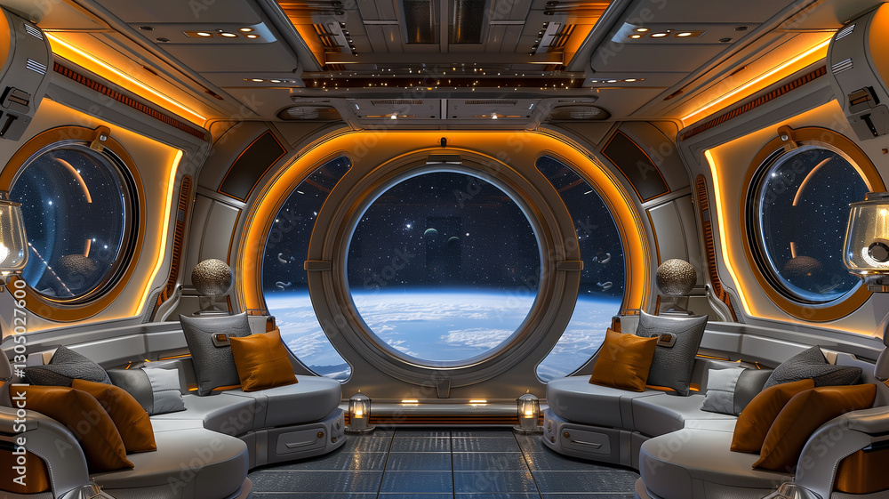 Aufkleber this relax in a luxurious space hotel with a stunning view of earth from the window in suborbital sp