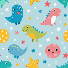 Dinosaur and Stars Seamless Pattern: Adorable dinosaurs and sparkling stars dance across a seamless pattern, creating a fun and whimsical design perfect for children.