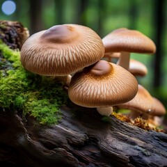 Plump shiitake mushrooms with rich brown caps and textured stems thriving on the weathered surface of decaying Castanopsis cuspidata, Castanea crenata, and Quercus acutissima tree trunks