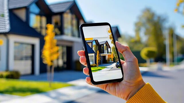Woman holding smartphone showing modern house for sele on screen