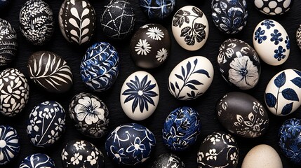 Intricately Designed Decorative Eggs with Floral Patterns on a Dark Background
