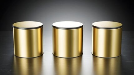 Three Shiny Gold Metallic Cylinders Against a Dark Background with Elegant Lighting