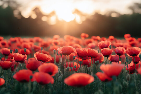 a field of vibrant red poppies in full bloom, - Powered by Adobe