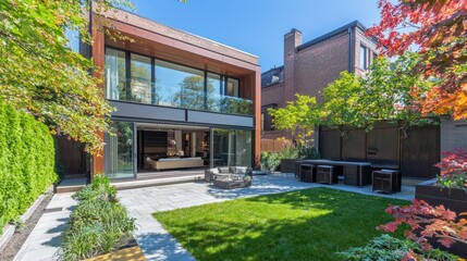 Naklejka premium Sunlit Geometric Modern Duplex with Garden