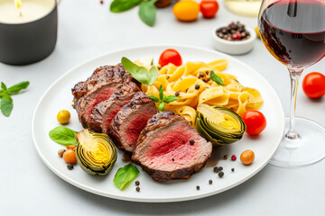 Gourmet dish with sliced medium-rare steak, pasta, and artichokes on a white plate, garnished with basil and cherry tomatoes, served with a glass of red wine in an elegant dining setting