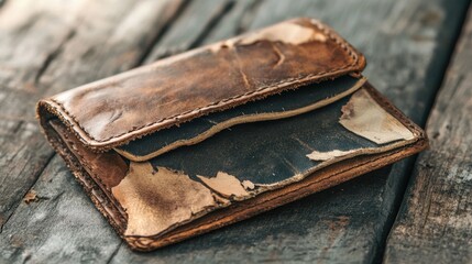 Worn Leather Wallet on Rustic Wood Background