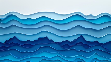 Fototapeta premium Abstract layered paper art depicting a serene ocean wave pattern in varying shades of blue, creating a calming visual experience perfect for design and creative projects.
