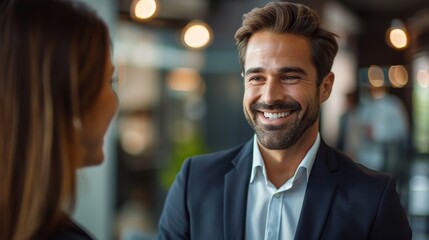 Smiling man shares joyful conversation with woman in a bright modern office setting