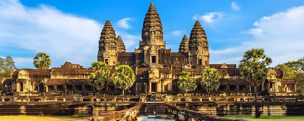 Naklejka premium Angkor Wat at dusk, with the temple softly illuminated against the deep blue twilight sky