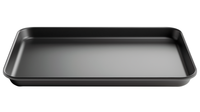 Black rectangular baking tray with a non-stick surface for cooking or roasting. Tray isolated and AI generated.  .