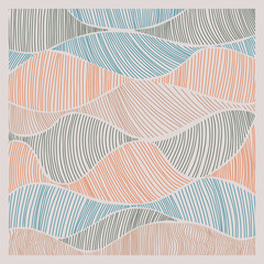 Abstract art with a minimalist boho aesthetic pattern with hand-drawn strokes in pastel colors. Square figure with a beige background.