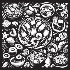 Festive seafood dishes food cooked modern delicacies with a presentation on the plate vector illustration. Delicious dishes: salads and soups of shrimp, crab, mussels, baked fish, rolls, sushi, octopu