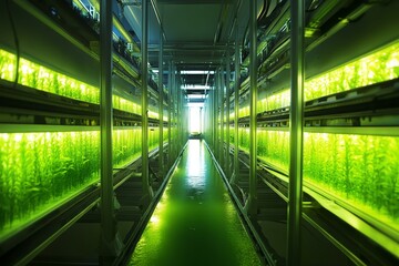 An innovative indoor greenhouse showcasing vertical farming technology with rows of vibrant green plants, emphasizing sustainable agriculture and advanced cultivation methods.