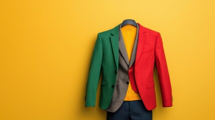 Professional Change promotion concept. Colorful blazers on a hanger against a bright yellow background.
