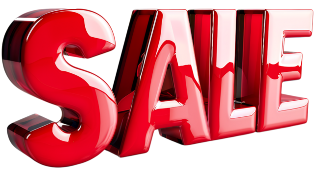 3D glossy red sale text with a bold and reflective design. Text isolated and AI generated.  .