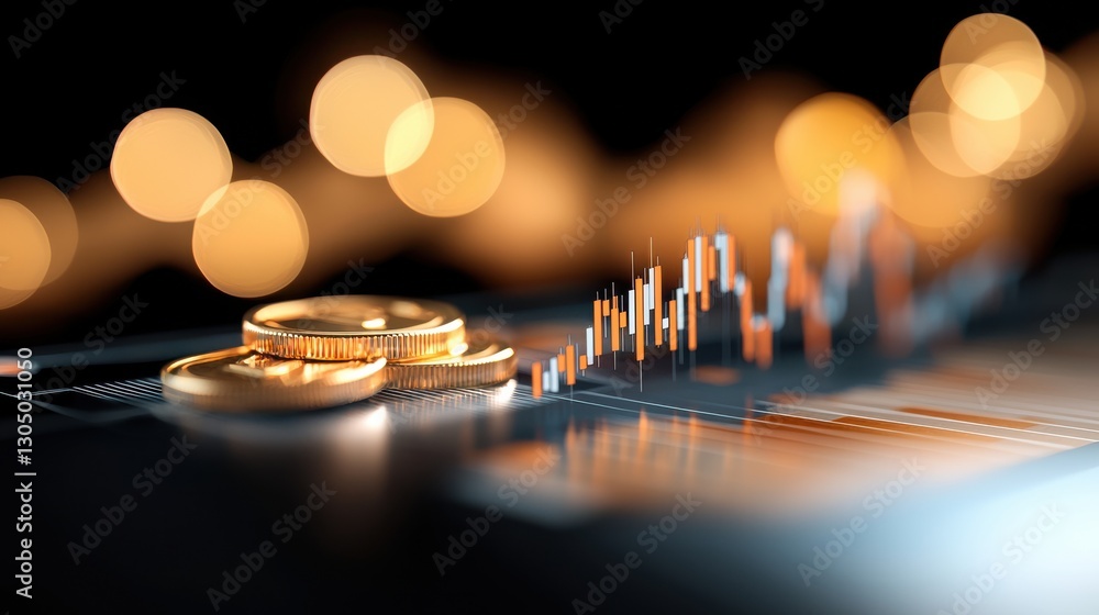 Poster close up view of financial data investment charts and currency coins displayed on a high tech digita