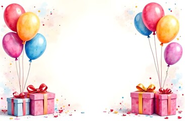 Birthday watercolor background with gifts, ballons.  