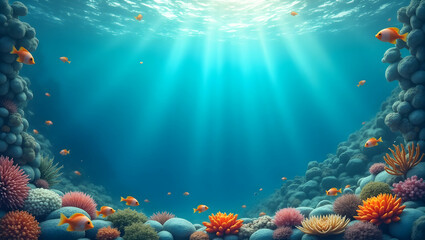 Diverse Marine Life and Plastic Waste Frame for Ocean Cleanup: World Environment Day Concept