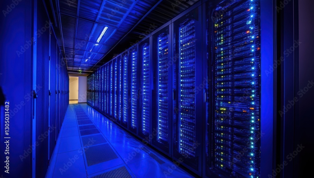 Poster interior view of a modern server room featuring rows of server racks illuminated with blue led light