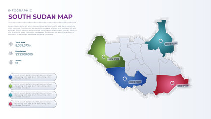 Total Area, Papulation, States & More Detailed Infographic Map of South Sudan. South Sudan country map infographic colored vector template with regions and pointer marks.