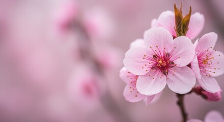Blooming Pink Cherry Blossoms Close Up on Branch with Delicate Petals